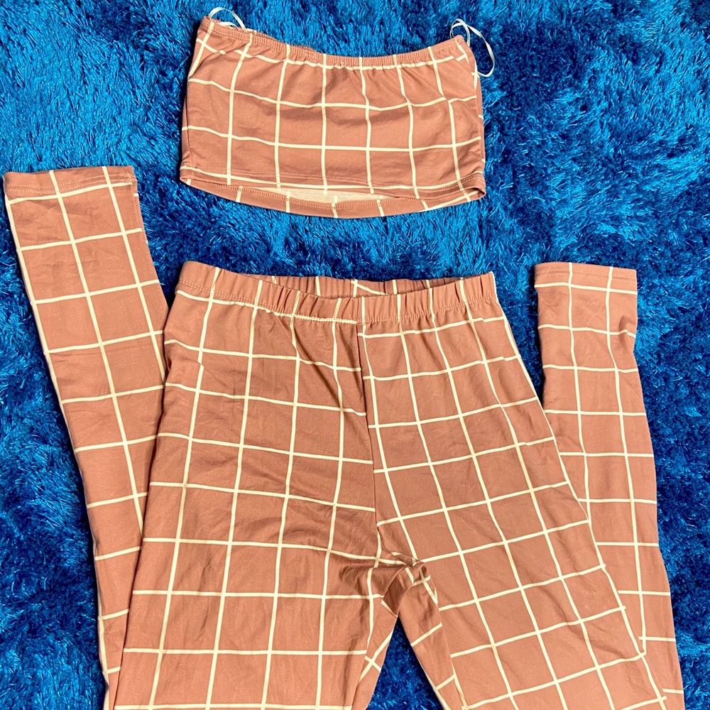 Salmon pink plaid pants set